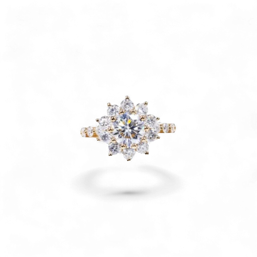 Anillo de oro blanco de 14 quilates de AVA & SSILAQUÉ con un diamante de laboratorio ovalado central de 2,5 quilates rodeado de diamantes redondos más pequeños.