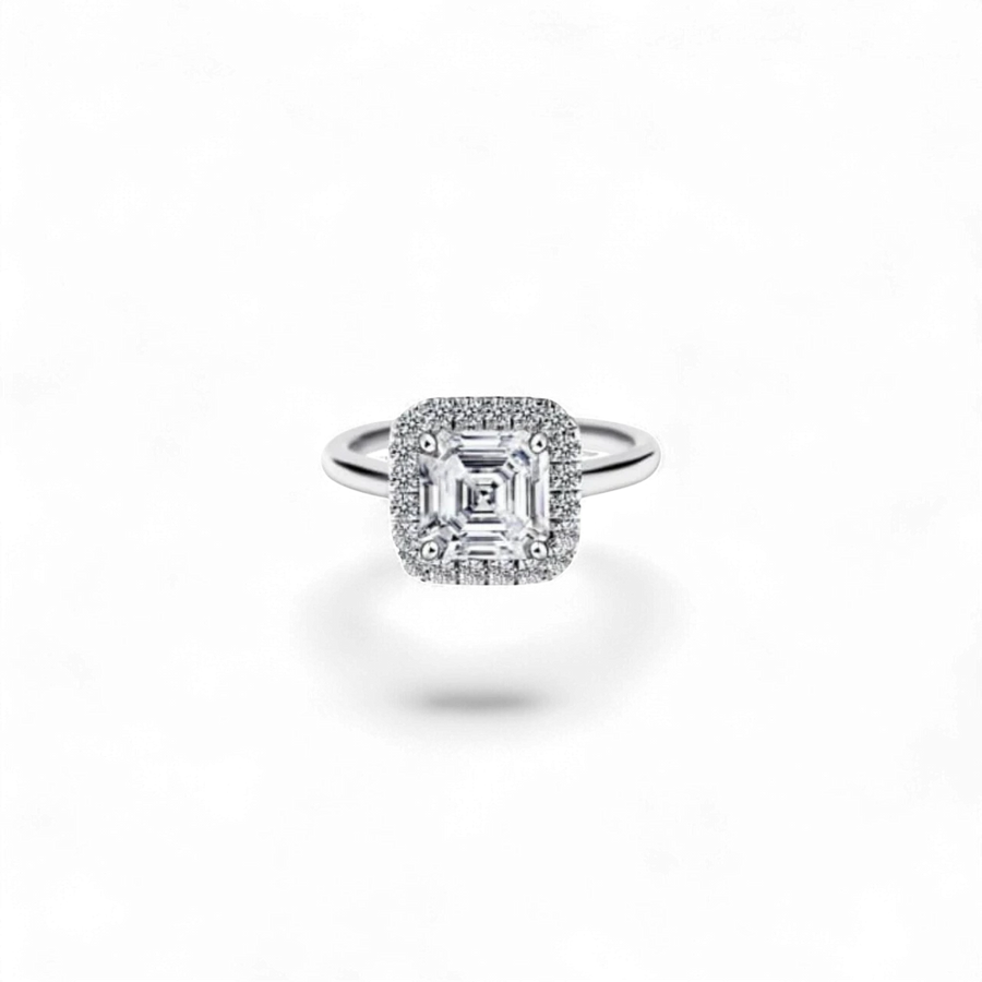 AVA & SSILAQUÉ Anillo de oro blanco de 14 quilates con halo de diamantes Asscher de 3,0 quilates y diamantes laterales redondos.