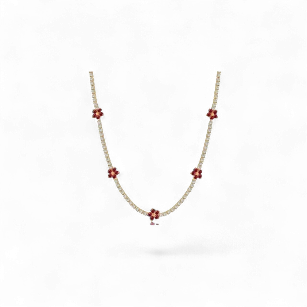 Collar de plata 925 chapada en oro de AVA & SSILAQUÉ con flores rojas y circonitas blancas, 32+7cm