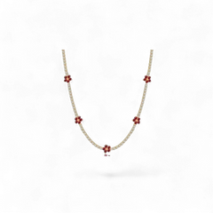 Collar de plata 925 chapada en oro de AVA & SSILAQUÉ con flores rojas y circonitas blancas, 32+7cm