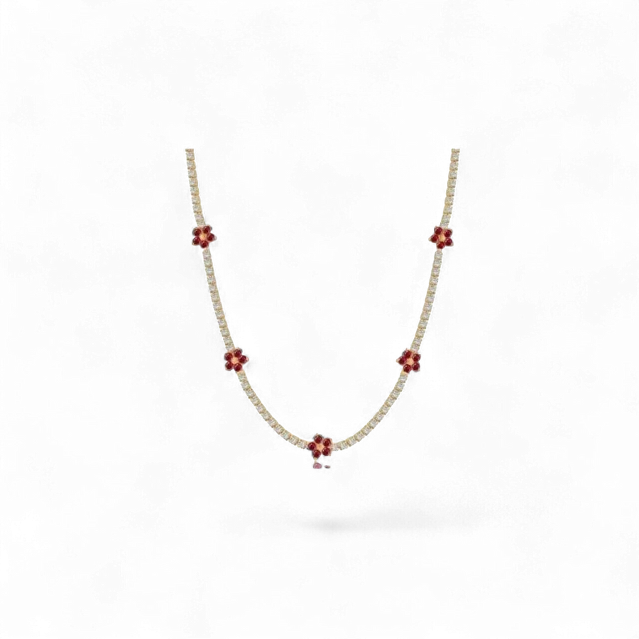 Collar de plata 925 chapada en oro de AVA & SSILAQUÉ con flores rojas y circonitas blancas, 32+7cm