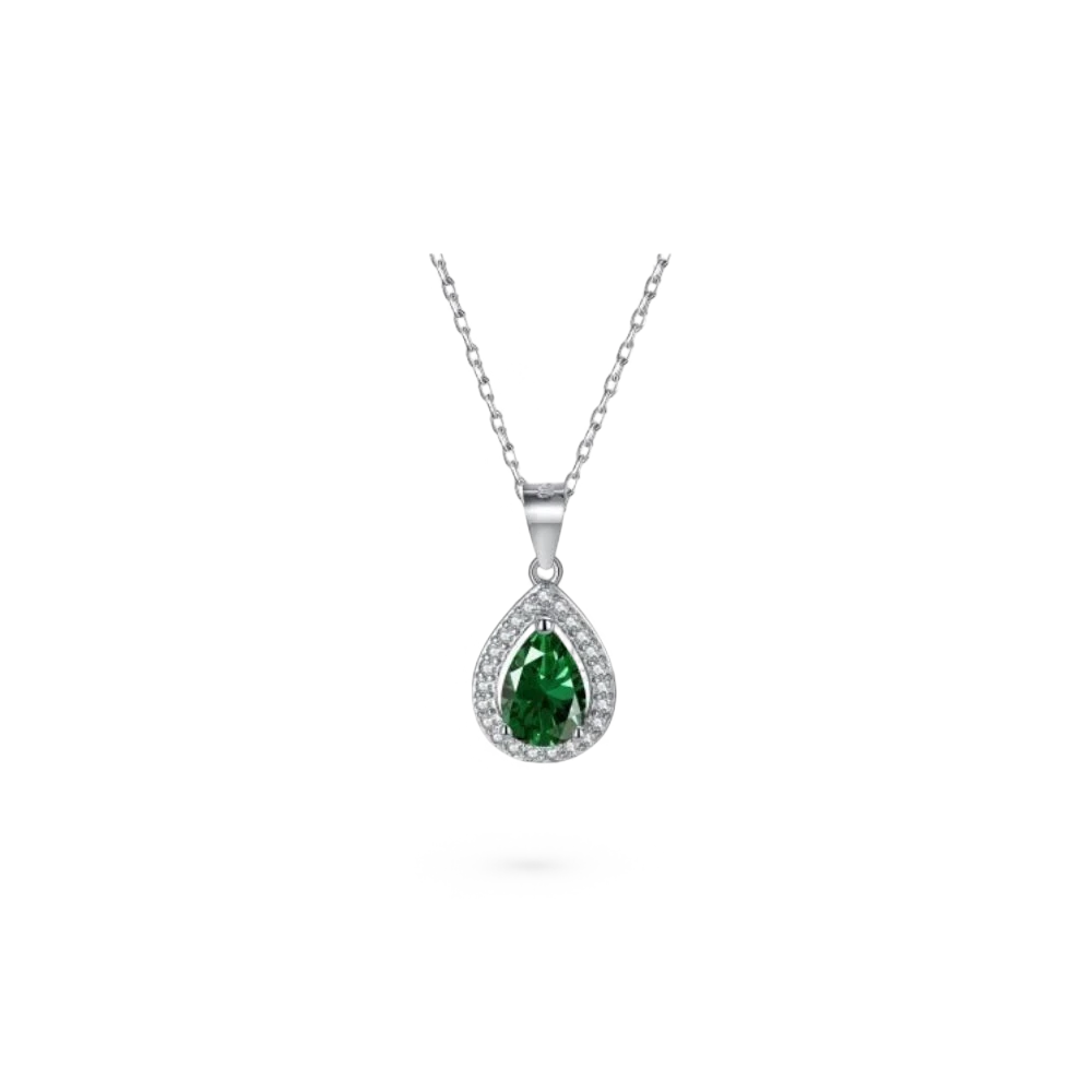 AVA & SSILAQUÉ collar de plata de ley 925 con baño de rodio y colgante de lágrima con circonita verde y circonitas blancas engastadas