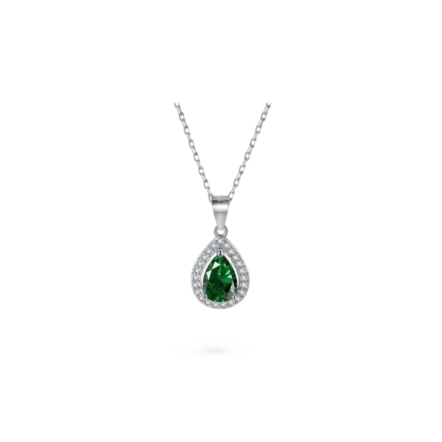 AVA & SSILAQUÉ collar de plata de ley 925 con baño de rodio y colgante de lágrima con circonita verde y circonitas blancas engastadas